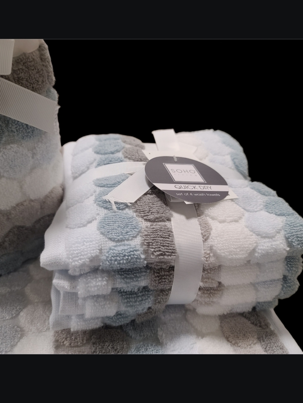 8pc Soho Living Bath Hand Washcloth Towel Set Striped Dot Blue Gray White New - Picture 3 of 7